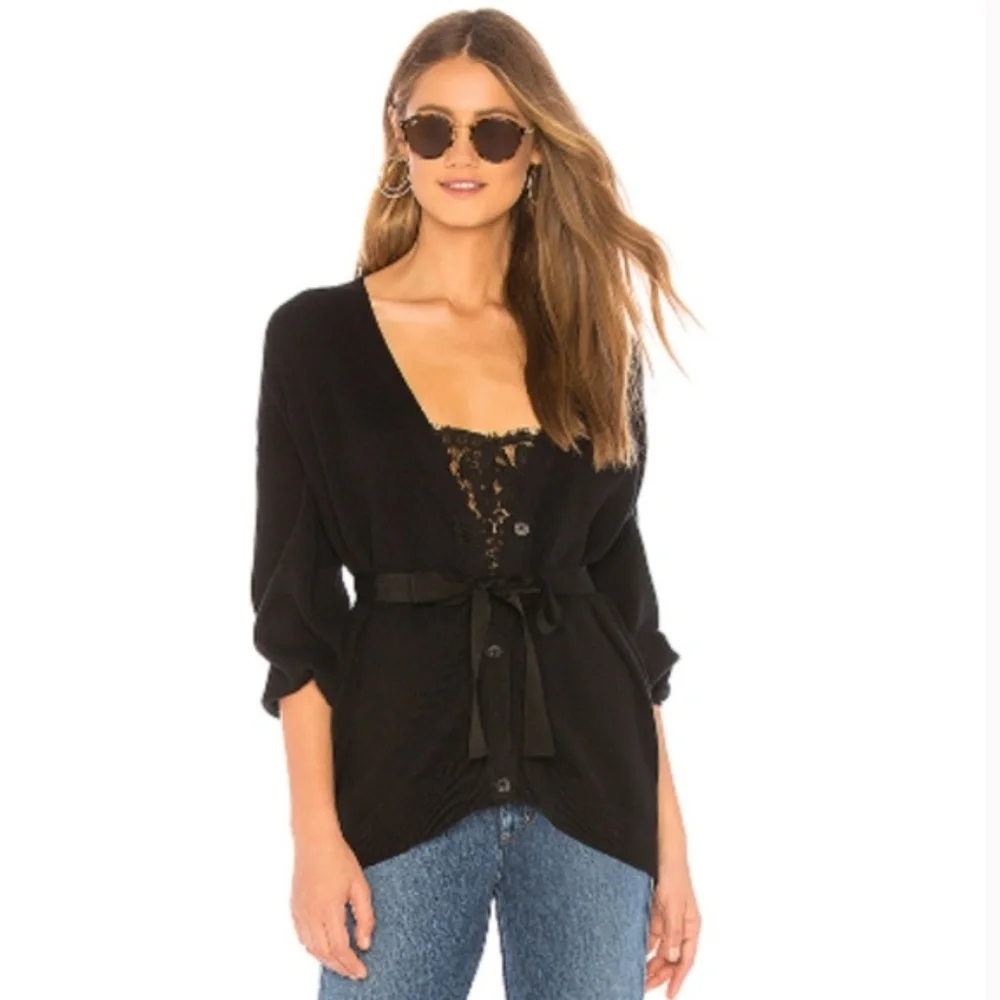 NWT $298 Joie Ferlinka Lace Insert Wrap Sweater Cardigan in Caviar - size XS!